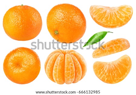 Isolated citrus collection. Whole tangerines or mandarin orange fruits and peeled segments isolated on white background with clipping path Royalty-Free Stock Photo #666132985