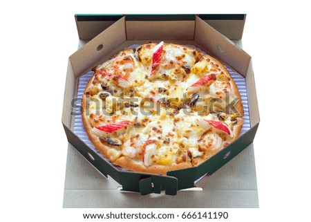 pizza with seafood on delivery box.