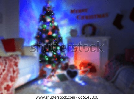 Blurred view of living room decorated for Christmas celebration. Happy New Year 2018