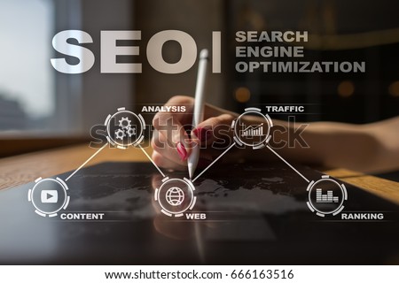 SEO. Search Engine optimization. Digital online marketing andInetrmet technology concept.  Royalty-Free Stock Photo #666163516