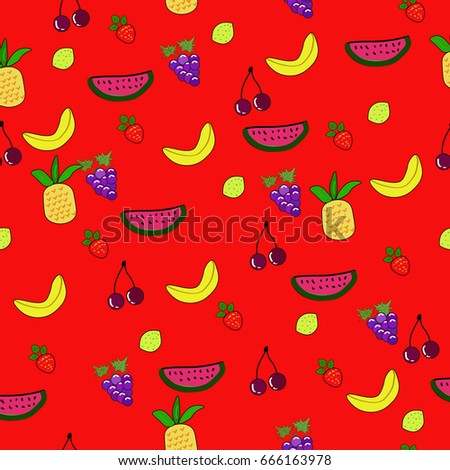 Seamless fruit pattern on a red background
