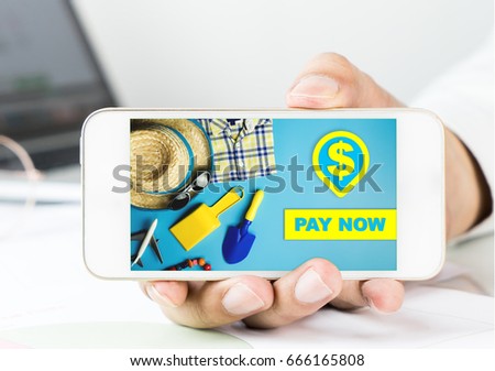 Business man holding a smartphone for Online Store pay now payment.