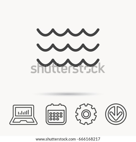 Waves icon. Sea flowing sign. Water symbol. Notebook, Calendar and Cogwheel signs. Download arrow web icon. Vector