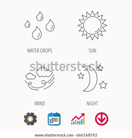 Weather, sun and wind icons. Moon night linear sign. Calendar, Graph chart and Cogwheel signs. Download colored web icon. Vector