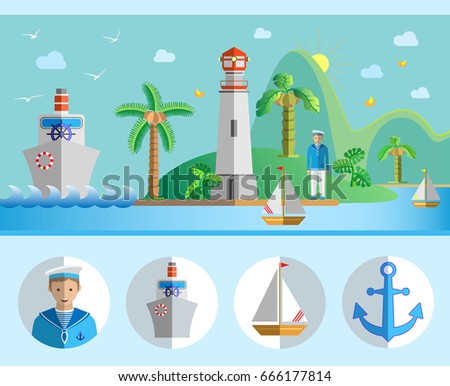 Sea island background and icon set.Summer travel tropical landscape. Vector illustration.