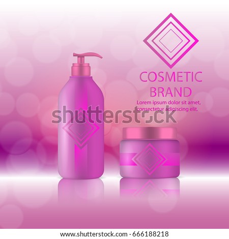 Cosmetics ads template poster of premium liquid soap, shampoo and cream for sale. Vector 3d illustration for design  placard, presentation, banners and cover.