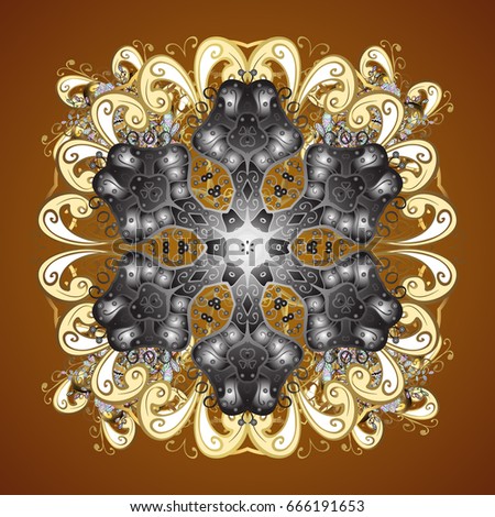 Christmas abstract design on brown background with falling gold snowflakes. Snowflakes pattern.
