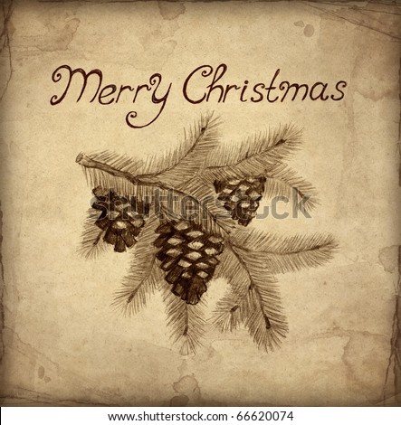 Christmas greeting card with illustration of cone on branch