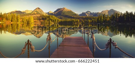 Panorama of high resolution mountain lake Strbske Pleso in Slovakia
