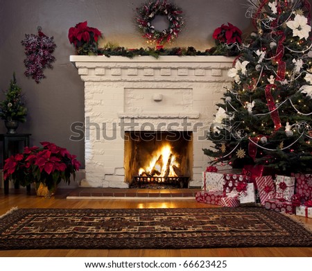 Christmas tree and fireplace background.