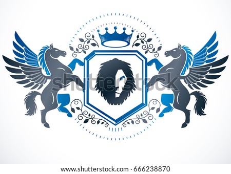 Classy emblem, vector heraldic Coat of Arms composed using graceful Pegasus, wild lion illustration and imperial crown