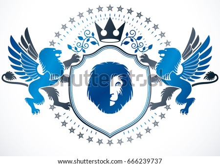 Classy emblem, vector heraldic Coat of Arms composed with mythic griffon, royal crown and lion head illustration, heraldic vector.