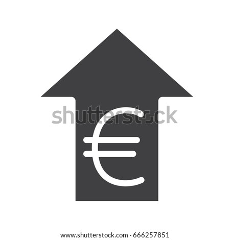 Euro rate rising glyph icon. Silhouette symbol. European Union currency with up arrow. Negative space. Vector isolated illustration
