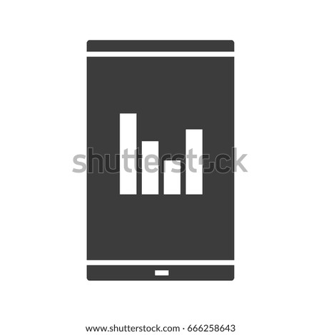 Smartphone statistics chart glyph icon. Silhouette symbol. Smart phone with equalizer. Negative space. Vector isolated illustration