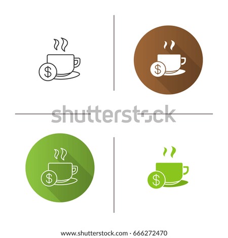 Buy cup of tea icon. Flat design, linear and glyph color styles. Hot steaming mug with dollar sign. Isolated vector illustrations