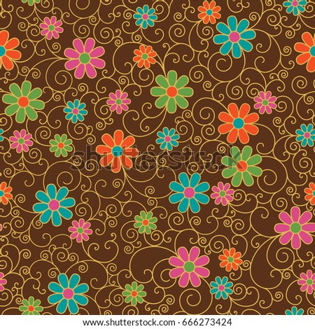 Seamless pattern of stylized flowers and filigree on a brown background.