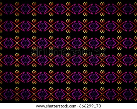 A hand drawing pattern made of purple, red, orange, and yellow on a black background.