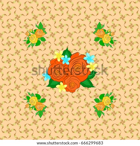 Beautiful watercolor rose flowers and green leaves, bright painting inspired floral print. Vector seamless pattern on a beige background.