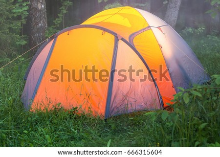 A cold summer foggy morning in the thicket of the forest, a light in the tent