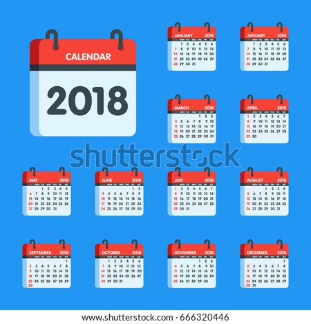 Calendar for 2018 year icon set. January, February, March, April, May, June, July, August, September, October, November, December months. Vector illustration.