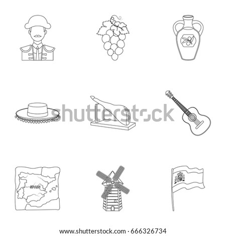 A set of pictures about Spain. Sights of Spain, gypsies, guitar, dances. Country icon in set collection on outline style vector symbol stock illustration.