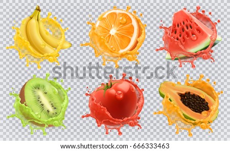 Orange, kiwi fruit, banana, tomato, watermelon, papaya juice. Fresh fruits and splashes, 3d vector icon set. Royalty-Free Stock Photo #666333463