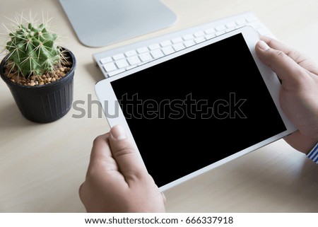 man Sitting Sofa Using Hands Modern Smartphone Tablet