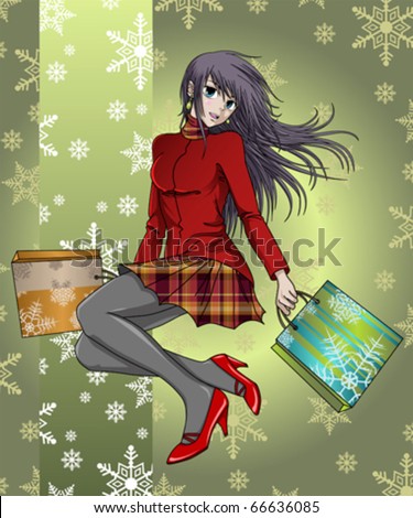 Shopping girl happy in Christmas anime style - background