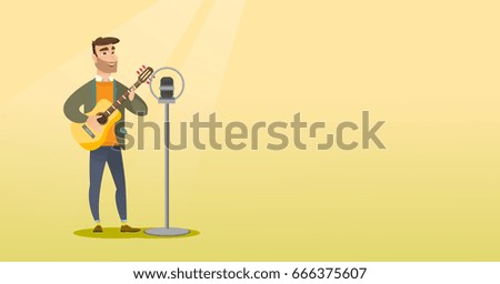 Young caucasian guitar player singing a song and playing the acoustic guitar. Singer singing into a microphone and playing the acoustic guitar. Vector flat design illustration. Horizontal layout.
