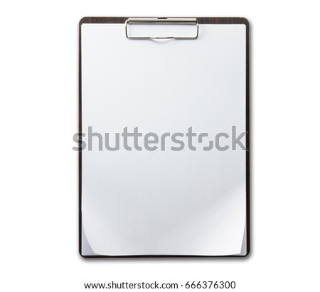 Brown wood grain clipboard with sheets of paper and  slightly folded corner as in real world use.  Isolated on pure white. Royalty-Free Stock Photo #666376300