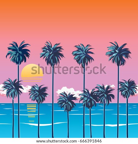 Sunset on the beach with palm trees, turquoise ocean and orange sky with clouds. Sun over the horizon. Tropical backdrop for a summer vacation. Surfing beach. EPS 10 vector illustration