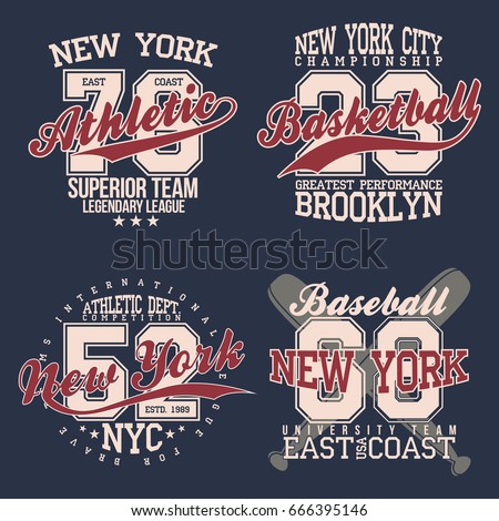 Vintage labels set, athletic sport typography for t shirt print. Varsity style. T-shirt graphic. Vector