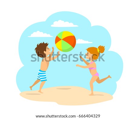 kids, boy and girl playing ball on the beach