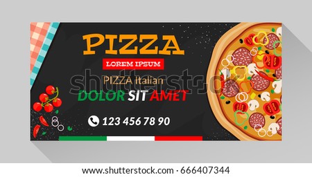 Vector pizza flyer with black background. Vector illustration with long shadow.