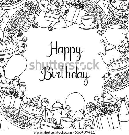 Square background with different uncolored doodle birthday items and lettering. Detailed frame design. Used clipping mask.