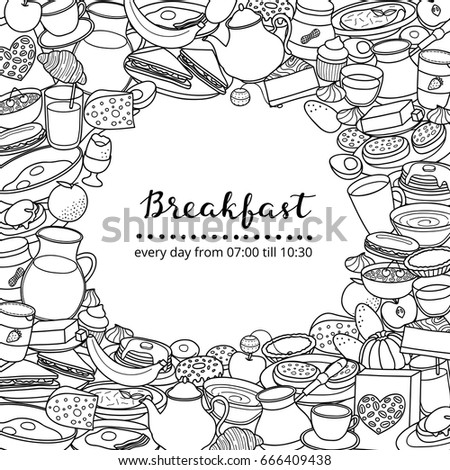 Square background with different uncolored doodle breakfast items and lettering. Detailed frame design. Used clipping mask.