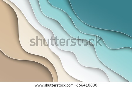 Abstract blue sea and beach summer background with paper waves and seacoast for banner, invitation, poster or web site design. Paper cut style, 3d effect imitation, space for text, vector illustration