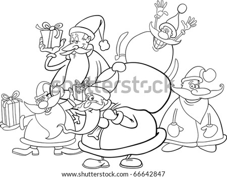 illustration of five santa clauses group for coloring book