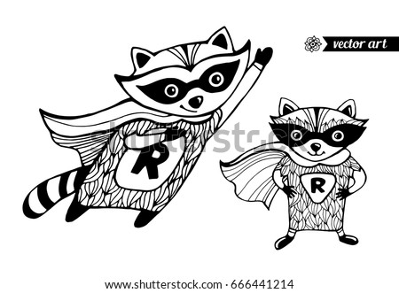 Raccoons isolated. Superhero cartoon animal. Funny character. Vector set collection. Black and white. Coloring book pages for kids. Zentangle artwork. Illustration, greeting card, branding, logo label