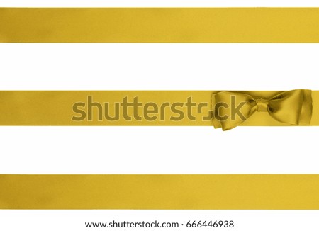 Single gift bow, gold satin, with three cross ribbon on white background