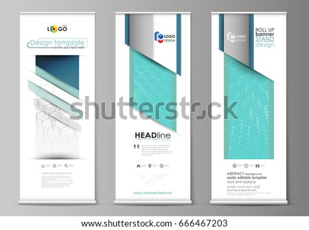 Roll up banner stands, abstract geometric design, corporate vertical vector flyers, flag layouts. Chemistry pattern, hexagonal molecule structure on blue. Medicine, science and technology concept