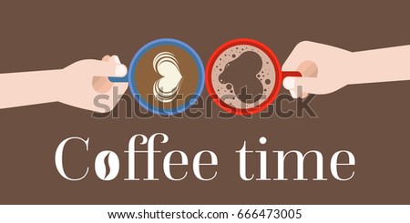 Two Hands holding coffee cups in aerial view with latte art and crema of heart shape, flat design for coffee time concept