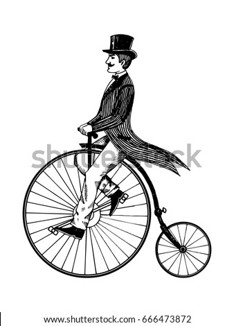 Man on retro vintage old bicycle engraving vector illustration. Scratch board style imitation. Hand drawn image.