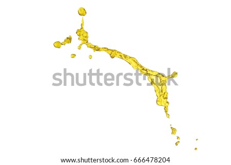 beautiful yellow liquid splash isolated over white background and many drops