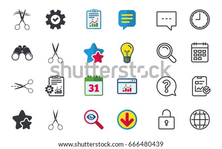 Scissors icons. Hairdresser or barbershop symbol. Scissors cut hair. Cut dash dotted line. Tailor symbol. Chat, Report and Calendar signs. Stars, Statistics and Download icons. Vector