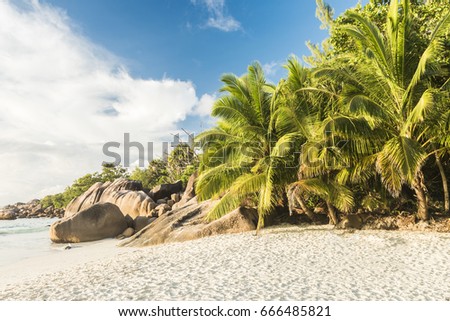 Beautiful and a famous beach Anse Lazio with granite boulders, Praslin island, Seychelles. 