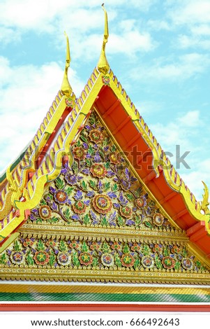 The Part of roof on the chapel of Wat Prayoon Wongsawat Worawihan, Bangkok, Thailand.
