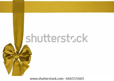 Single beautiful gift bow, golden satin, with cross ribbons on white background