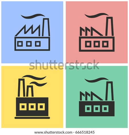 Factory vector icon with long shadow. Black illustration isolated on color background for graphic and web design.