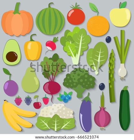 Set of fresh healthy vegetables, berries and fruits isolated. Flat design. Organic farm illustration. Healthy lifestyle vector design elements. 